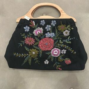 Floral Embroidered Black Handbag